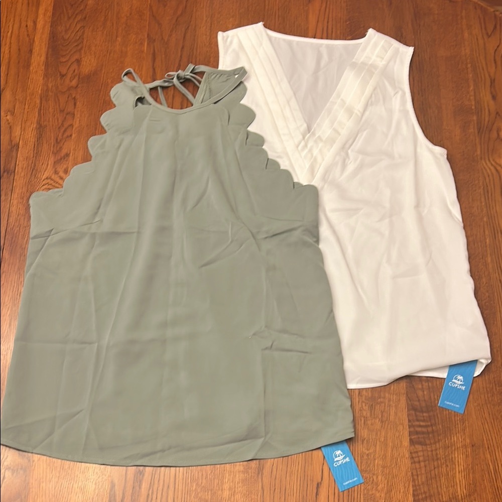 Cupshe Sage Green Scallop Halter Top & White V-Neck Sleeveless Top (2 Pack)